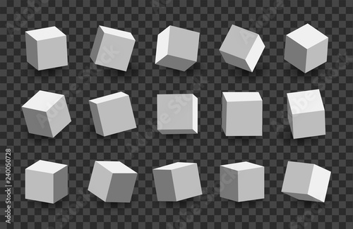 White 3D cubes pack isolated on transparent background. Different light, perspective and angle. Vector illustration