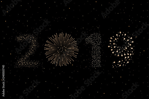 Firework 2019 New year concept on black night sky background. Christmas card. Congratulations or invitation background. Vector illustration