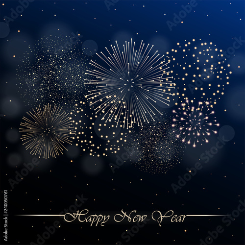 Firework show on blue night sky background with glow and sparkles. New year concept. Invitation, card, party background. Vector illustration