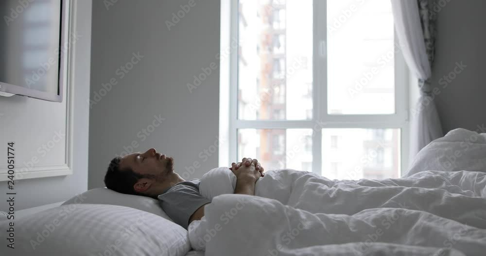 Upset man wake up alone in bed without his girl Upset man wake up alone in bed without his girl