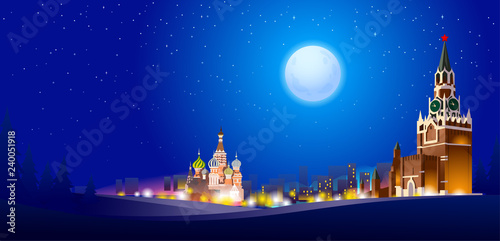 Vector realistic Kremlin in Moscow, night landscape, panorama. Full moon with stars in Moscow