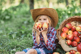 Girl with Apple in the Apple Orchard. Beautiful Girl Eating Organic Apple in the Orchard. Harvest Concept. Garden, Toddler eating fruits at fall harvest. Apple picking