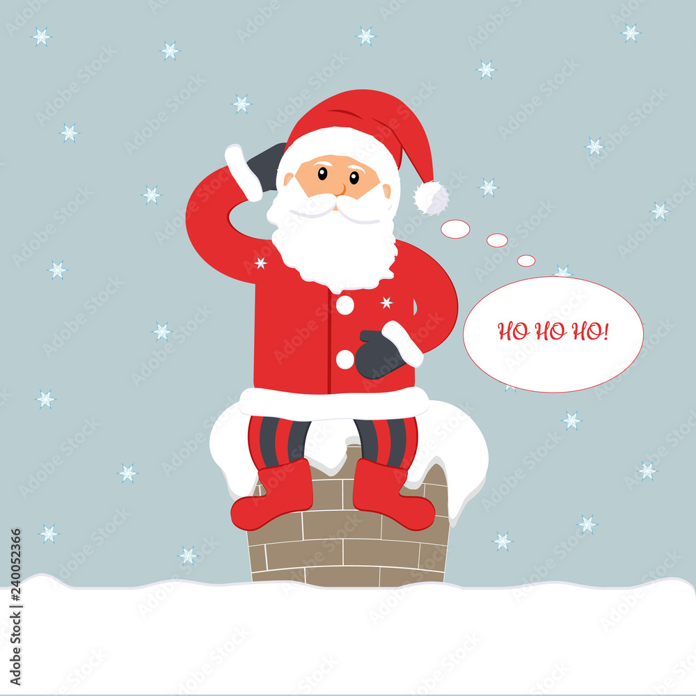 Christmas eve. Cute funny Santa Claus sitting on the chimney thinking and saying `Ho ho ho!` Snowflakes on a blue background. For websites, press, cards and leaflets.Vector illustration