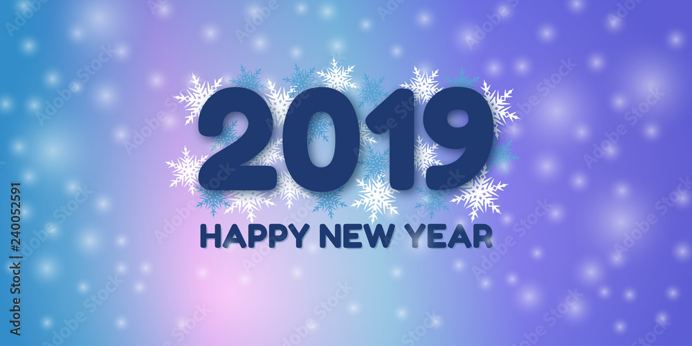 Winter snow and snowflakes - 2019 Happy New Year - soft blue, purple and pink banner - editable