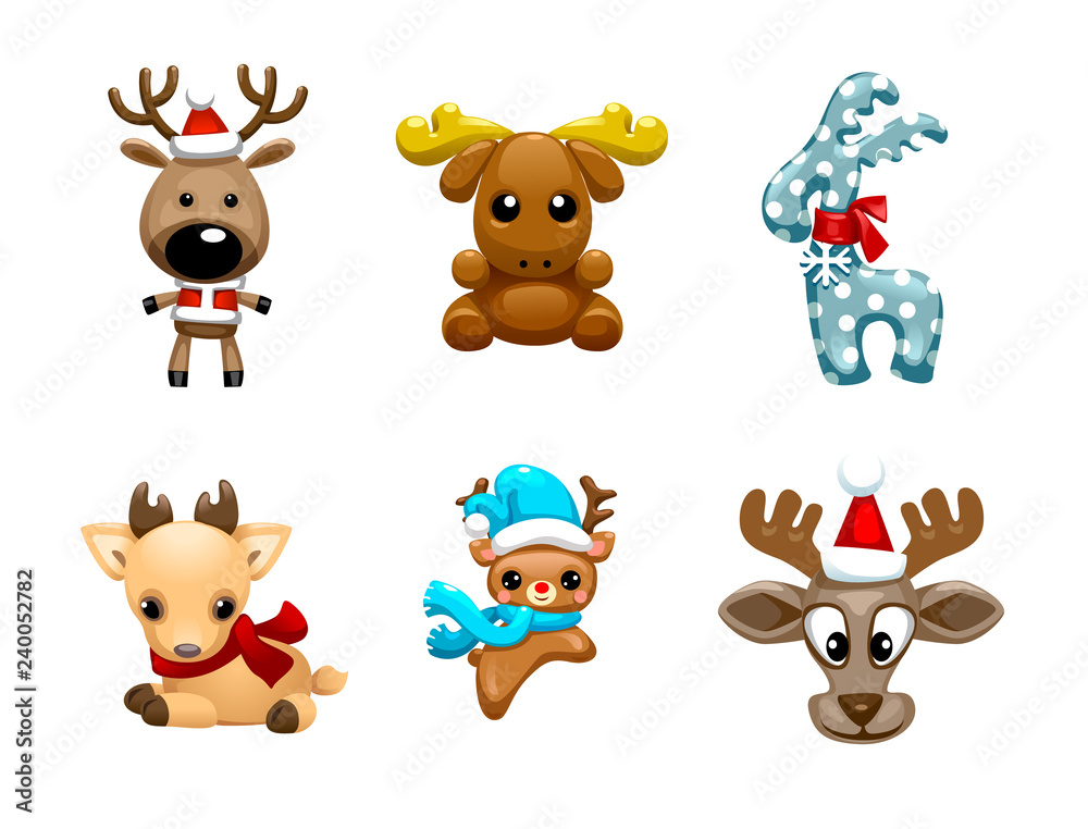 Set of vector cute Christmas reindeer vector illustration. Reindeer child sitting in Christmas red hat.