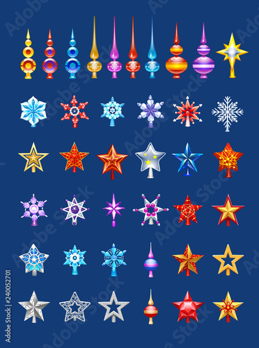 Christmas tree top set, stars, snowflake, colored icicle