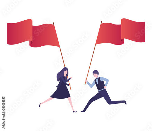 business couple running with flag avatar character