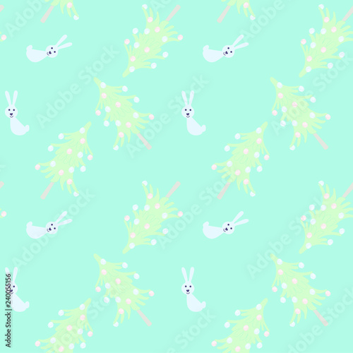 Cute Christmas tree forest, hare seamless vector color characters pattern on blue background. Forest animal doodle drawing. scandinavian cartoon kids