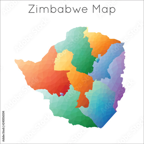 Low poly, geometric map of Zimbabwe with a mosaic style, showing regions and borders.