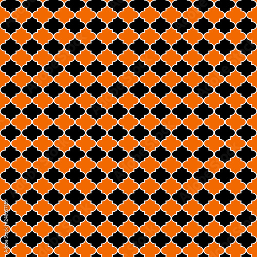 Orange and Black Quatrefoil Seamless Pattern - Orange, white, and black quatrefoil trellis design