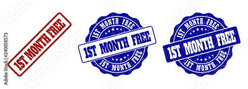 1ST MONTH FREE scratched stamp seals in red and blue colors. Vector 1ST MONTH FREE labels with grainy texture. Graphic elements are rounded rectangles, rosettes, circles and text labels.