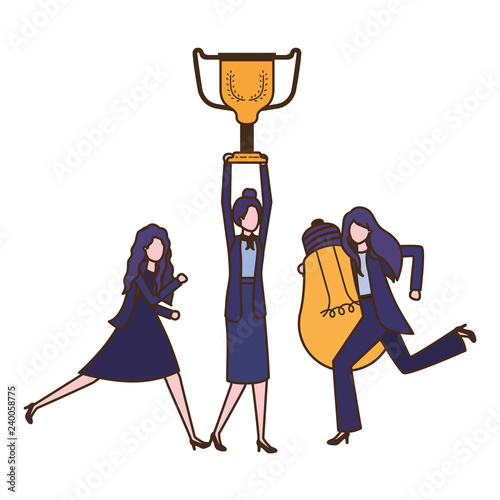 businesswomen with trophy and light bulb character