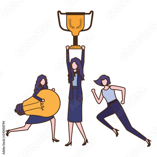 businesswomen with trophy and light bulb character