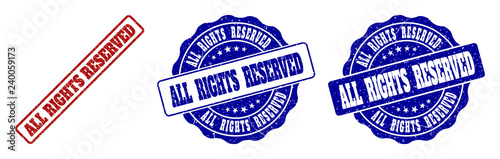 ALL RIGHTS RESERVED grunge stamp seals in red and blue colors. Vector ALL RIGHTS RESERVED labels with draft texture. Graphic elements are rounded rectangles, rosettes, circles and text labels.