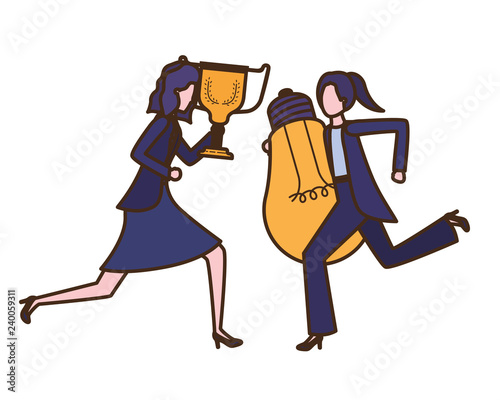 businesswomen with trophy and light bulb character
