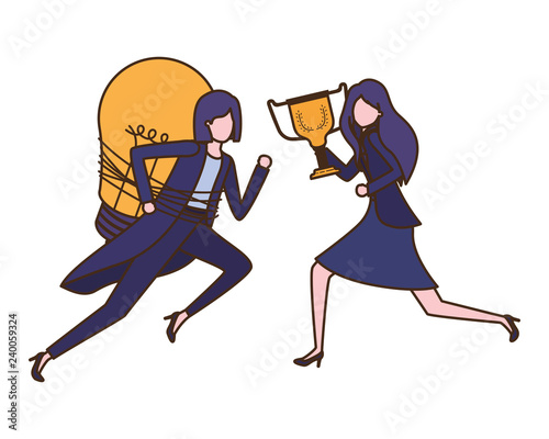 businesswomen with trophy and light bulb character