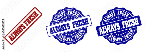 ALWAYS FRESH scratched stamp seals in red and blue colors. Vector ALWAYS FRESH labels with distress style. Graphic elements are rounded rectangles, rosettes, circles and text tags.