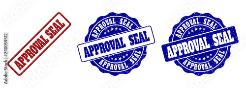 APPROVAL SEAL grunge stamp seals in red and blue colors. Vector APPROVAL SEAL marks with scratced surface. Graphic elements are rounded rectangles, rosettes, circles and text tags.
