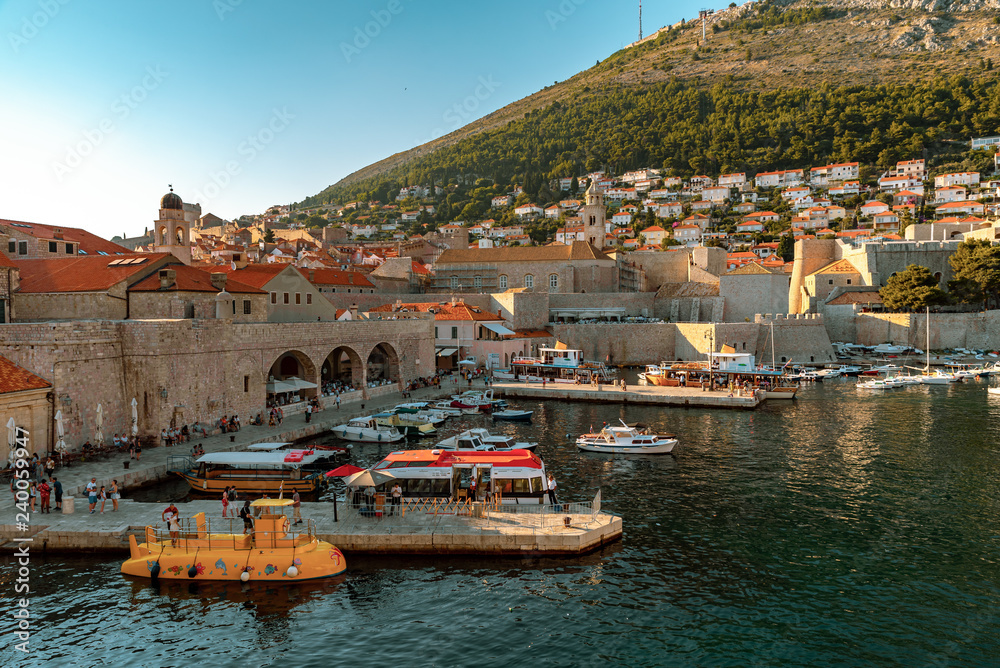 View to the old harbor of Dubrovnik on sunset