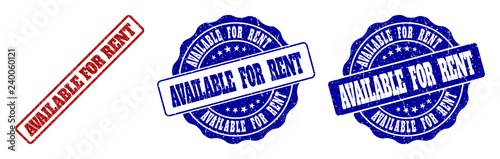 AVAILABLE FOR RENT grunge stamp seals in red and blue colors. Vector AVAILABLE FOR RENT signs with distress texture. Graphic elements are rounded rectangles, rosettes, circles and text tags.