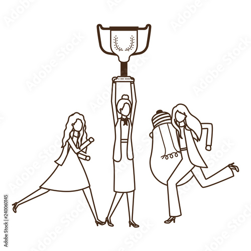 businesswomen with trophy and light bulb character