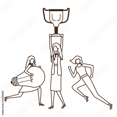 businesswomen with trophy and light bulb character