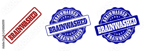 BRAINWASHED grunge stamp seals in red and blue colors. Vector BRAINWASHED signs with distress surface. Graphic elements are rounded rectangles, rosettes, circles and text titles.