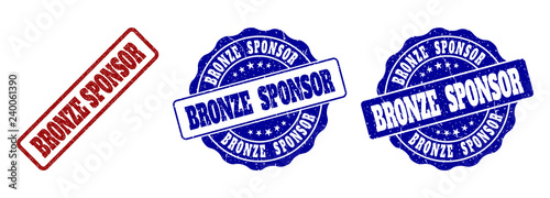 BRONZE SPONSOR grunge stamp seals in red and blue colors. Vector BRONZE SPONSOR labels with grunge texture. Graphic elements are rounded rectangles, rosettes, circles and text labels.