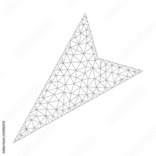 Polygonal vector arrowhead left-down icon on a white background. Polygonal carcass gray arrowhead left-down image in low poly style with structured triangles, dots and linear items.