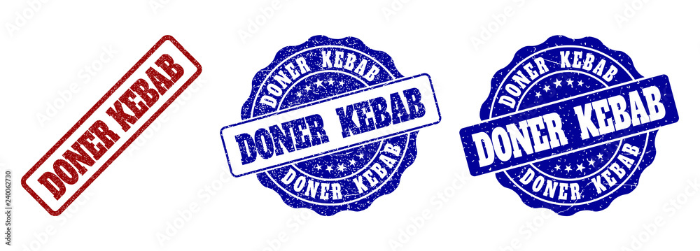 DONER KEBAB grunge stamp seals in red and blue colors. Vector DONER KEBAB labels with dirty surface. Graphic elements are rounded rectangles, rosettes, circles and text labels.