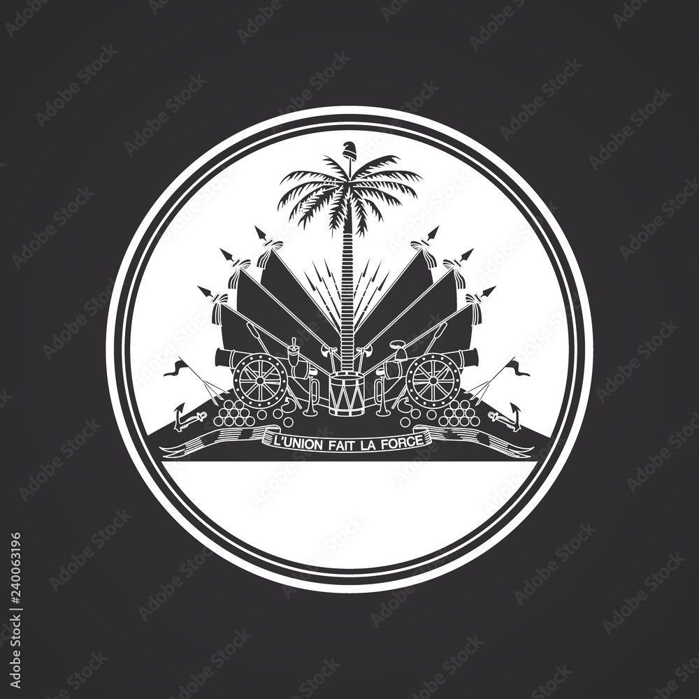 Rounded white Haiti coat of arms emblem on black background