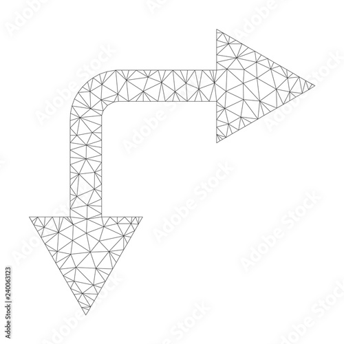 Polygonal vector bifurcation arrow right down icon on a white background. Polygonal carcass dark gray bifurcation arrow right down image in lowpoly style with connected triangles, dots and lines.