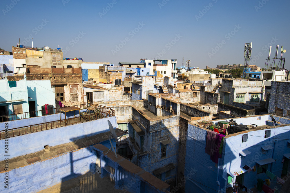 Close-up view of some roofs in the blue city of Jodhpur, India.