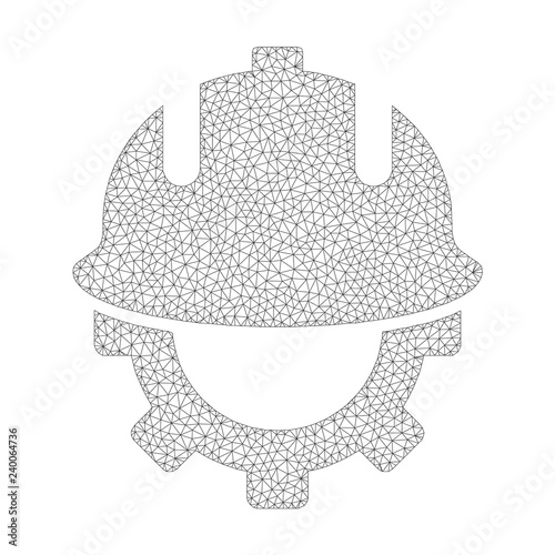 Polygonal vector development helmet icon on a white background. Mesh carcass gray development helmet image in low poly style with connected triangles, nodes and lines.