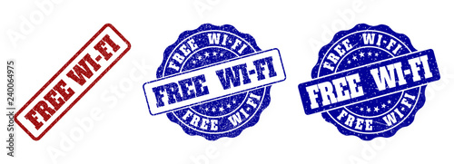 FREE WI-FI grunge stamp seals in red and blue colors. Vector FREE WI-FI labels with grunge style. Graphic elements are rounded rectangles, rosettes, circles and text captions.