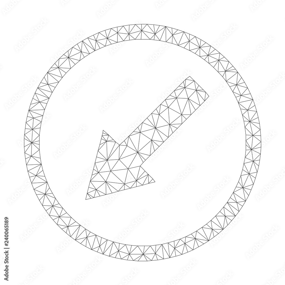 Polygonal vector down-left rounded arrow icon on a white background. Polygonal wireframe gray down-left rounded arrow image in low poly style with combined triangles, dots and lines.