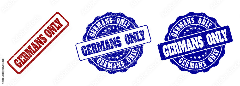 Obraz premium GERMANS ONLY grunge stamp seals in red and blue colors. Vector GERMANS ONLY labels with draft effect. Graphic elements are rounded rectangles, rosettes, circles and text labels.