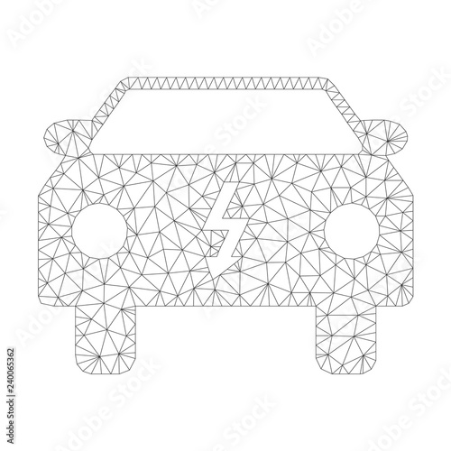 Mesh vector electric car icon on a white background. Polygonal wireframe dark gray electric car image in lowpoly style with organized triangles, nodes and lines.
