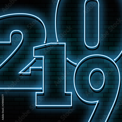 Happy new year 2019. Greetings card. Colorful neon glow in the drak . Vector illustration.