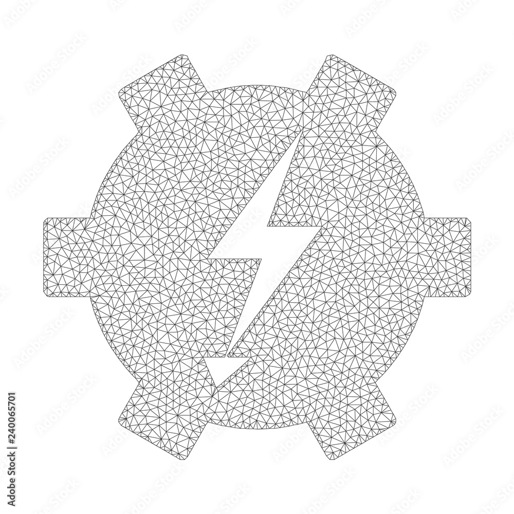 Mesh vector electric power gear icon on a white background. Mesh carcass dark gray electric power gear image in lowpoly style with organized triangles, points and linear items. Mesh vector electric power gear icon on a white background. Mesh carcass dark gray electric power gear image in lowpoly style with organized triangles, points and linear items.