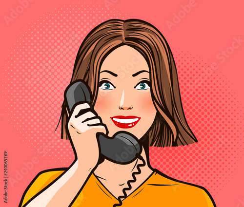 Happy girl or young woman talking on the phone. Telephone conversation. Pop art retro comic style, vector