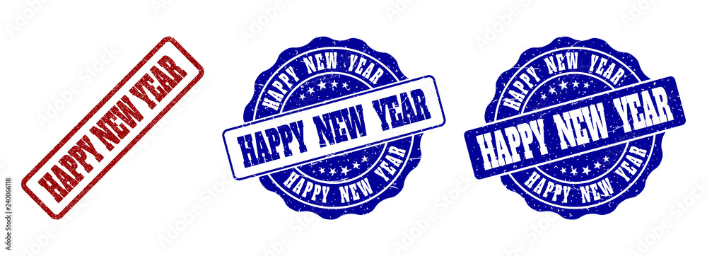 HAPPY NEW YEAR scratched stamp seals in red and blue colors. Vector HAPPY NEW YEAR overlays with dirty style. Graphic elements are rounded rectangles, rosettes, circles and text tags.