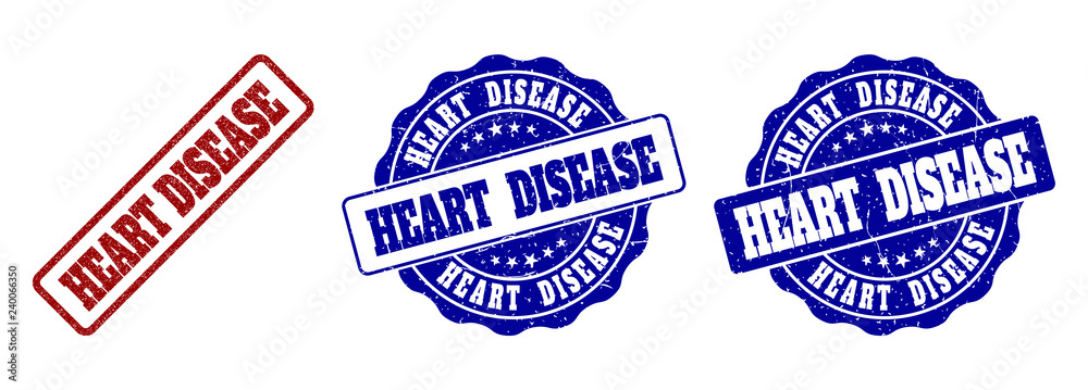 HEART DISEASE grunge stamp seals in red and blue colors. Vector HEART DISEASE labels with scratced effect. Graphic elements are rounded rectangles, rosettes, circles and text labels.
