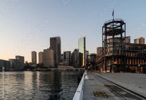 cruise ship wharf and city  at sunrise photo