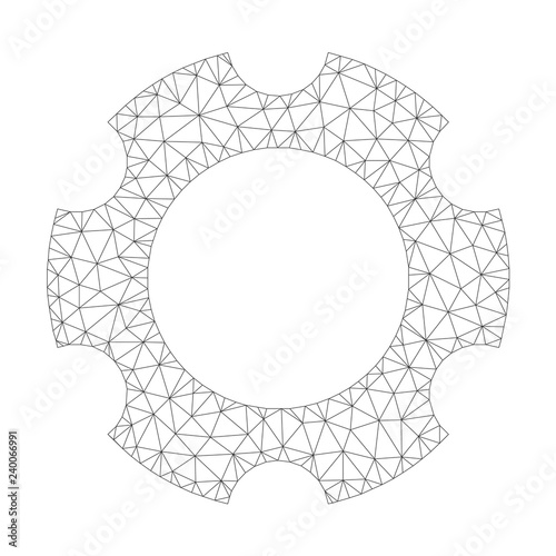 Mesh vector gear icon on a white background. Mesh carcass dark gray gear image in lowpoly style with organized triangles, dots and linear items.