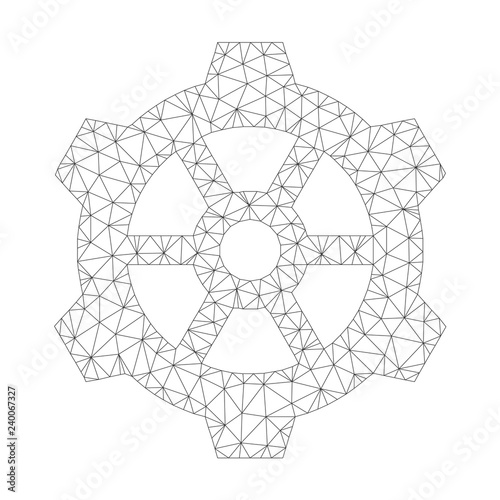 Polygonal vector gear icon on a white background. Mesh carcass gray gear image in low poly style with organized triangles, nodes and linear items.