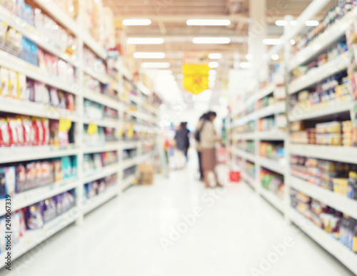 Supermarket or retail store interior or blur background. That is a self-service shop offering grocery and variety of food, beverages and household product on shelf or rack. For shopping background.