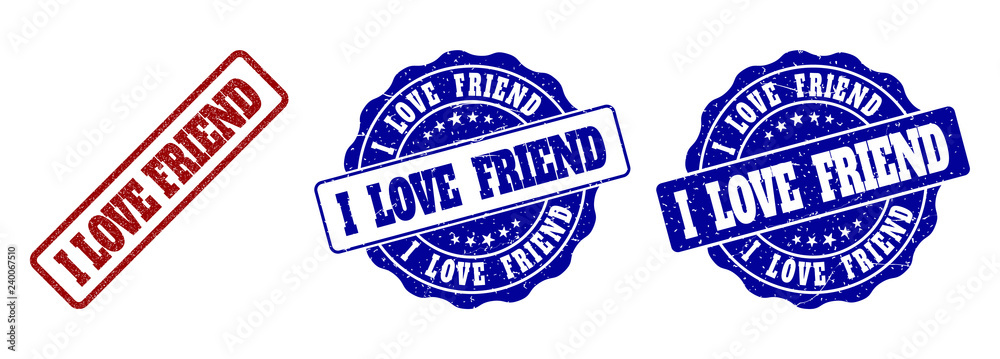 I LOVE FRIEND grunge stamp seals in red and blue colors. Vector I LOVE FRIEND imprints with grunge style. Graphic elements are rounded rectangles, rosettes, circles and text tags.