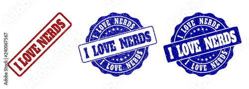 I LOVE NERDS grunge stamp seals in red and blue colors. Vector I LOVE NERDS marks with grunge texture. Graphic elements are rounded rectangles, rosettes, circles and text titles.
