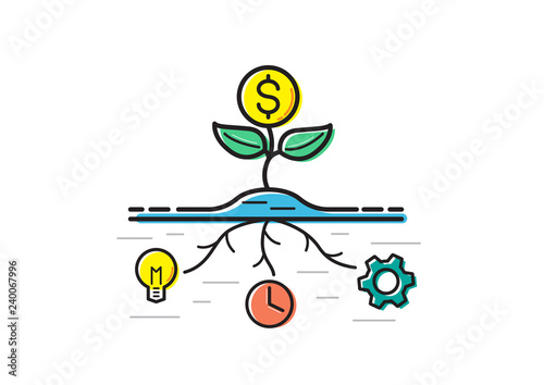 Money is like a tree that needs to be eaten and food is a idea, time, and development. Vector illustration.